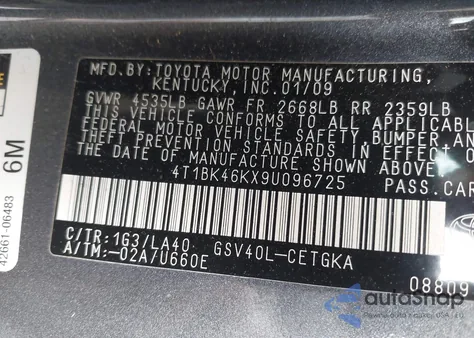 2009 Toyota Camry Xle V6 из США, поврежденный, VIN 4T1BK46KX9U096725
